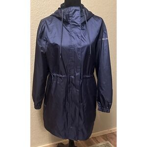 Columbia‎ Women XS Navy Blue Long Rain Jacket Hooded Parka hiking Oceanside